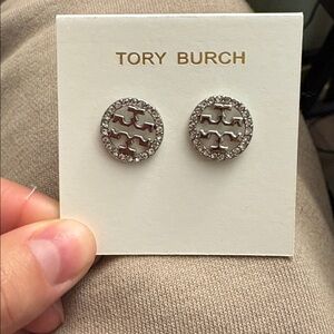 Tory Burch silver and diamond Logo Earrings